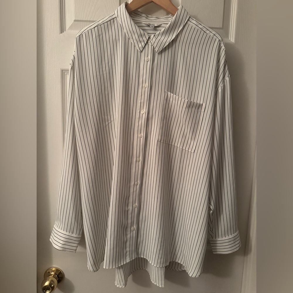 Black & White Striped Casual Button Down Blouse, Preppy size XXL